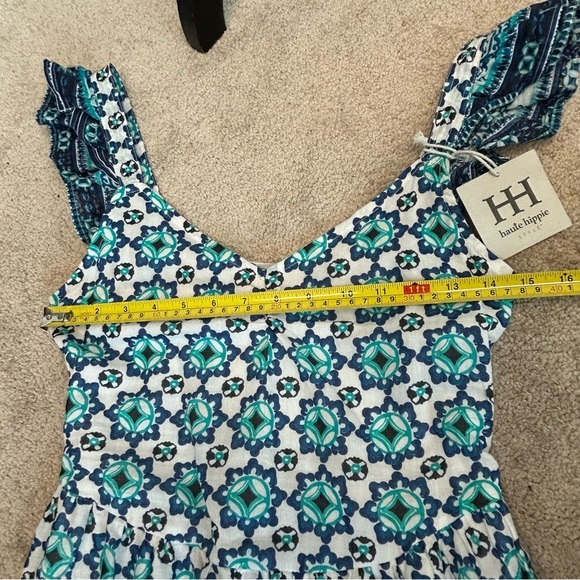 Haute Hippie Teal Blue White Ruffle Patterned Prairie Bohemian Maxi Dress XS - Picture 9 of 15